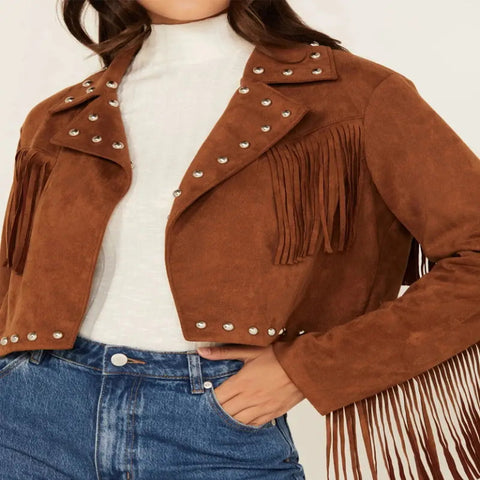 Women Real Suede Leather Fringe Jacket Western Cowgirl Studded Suede Coat