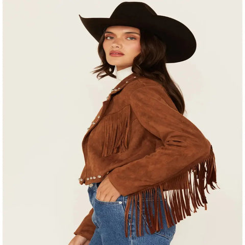 Women Real Suede Leather Fringe Jacket Western Cowgirl Studded Suede Coat