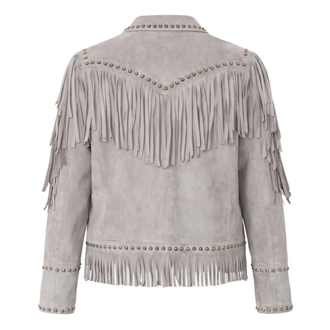 Women’s Real Suede Western Fringe Jacket - Studded Grey Tassel Coat