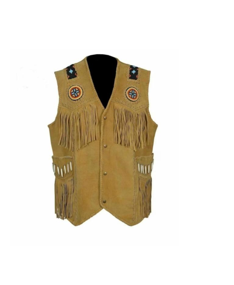 Men’s Suede Leather Western Vest | Fringed & Beaded Cowboy Waistcoat | Handmade Vintage Rodeo Style