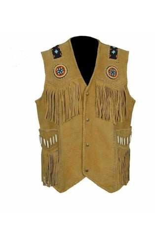 Men’s Suede Leather Western Vest | Fringed & Beaded Cowboy Waistcoat | Handmade Vintage Rodeo Style