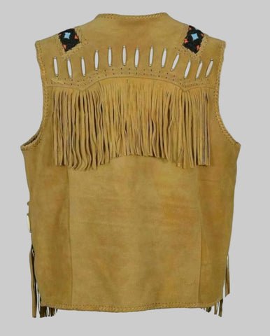 Men’s Suede Leather Western Vest | Fringed & Beaded Cowboy Waistcoat | Handmade Vintage Rodeo Style