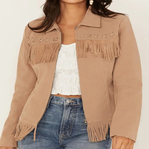 Women Real Suede Fringe Jacket Western Style Leather Coat Cowgirl Tassel Jacket
