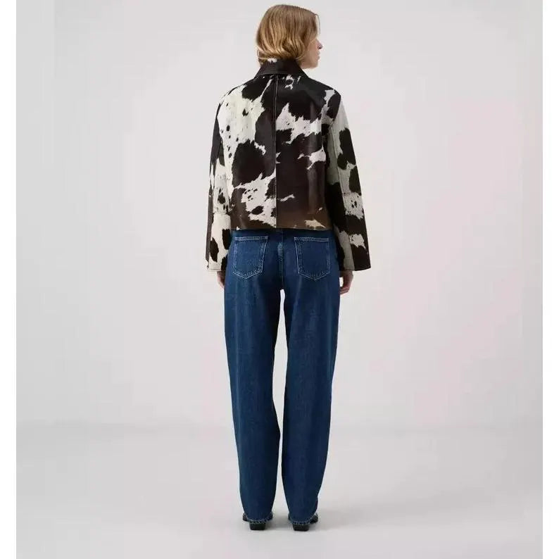 Girls Genuine Cowhide Leather Jacket – Brown & White Hair-On Hide Handmade Western Style Zip-Up Coat with Unique Natural Patterns