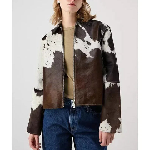 Girls Genuine Cowhide Leather Jacket – Brown & White Hair-On Hide Handmade Western Style Zip-Up Coat with Unique Natural Patterns