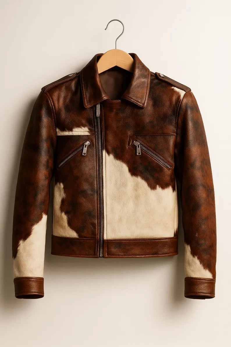 Men’s Genuine Cowhide Leather Jacket – Handmade Brown & White Hair-On Hide Biker Style Coat with Zipper Front and Multiple Pockets