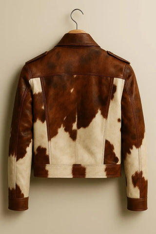 Men’s Genuine Cowhide Leather Jacket – Handmade Brown & White Hair-On Hide Biker Style Coat with Zipper Front and Multiple Pockets