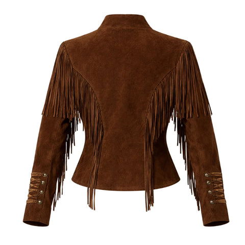 Women Real Suede Leather Jacket Brown Western Fringe Cowgirl Jacket Vintage Tassel Leather Coat