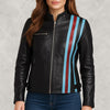 Women’s Black Sheep Leather Cafe Racer Jacket – Striped Biker Style with Red & Blue Accents