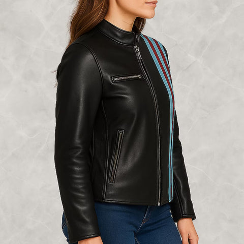 Women’s Leather Cafe Racer Jacket – Striped Biker Style with Red & Blue Accents
