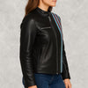 Women’s Black Sheep Leather Cafe Racer Jacket – Striped Biker Style with Red & Blue Accents
