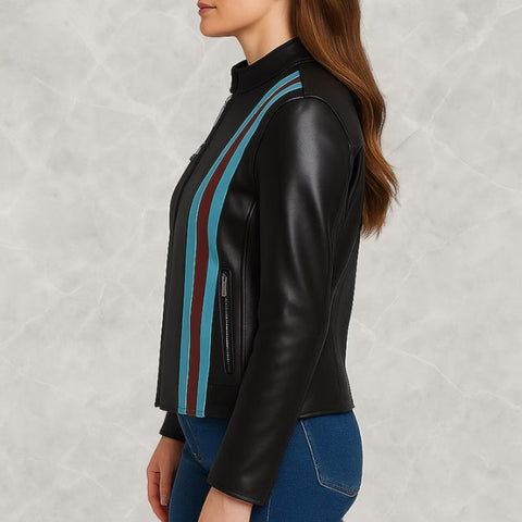 Women’s Leather Cafe Racer Jacket – Striped Biker Style with Red & Blue Accents