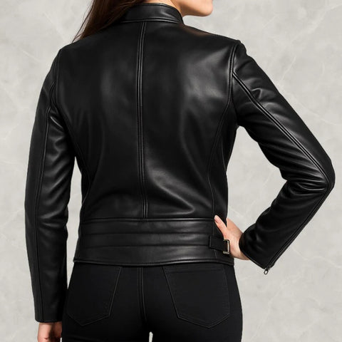 Women’s Leather Cafe Racer Jacket – Striped Biker Style with Red & Blue Accents