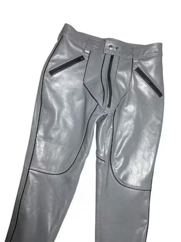 Futuristic Gray Leather Pants | High-Waisted Streetwear | Unique Zip Detailing | Cyberpunk Style Unisex Pants