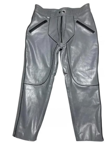 Futuristic Gray Leather Pants | High-Waisted Streetwear | Unique Zip Detailing | Cyberpunk Style Unisex Pants