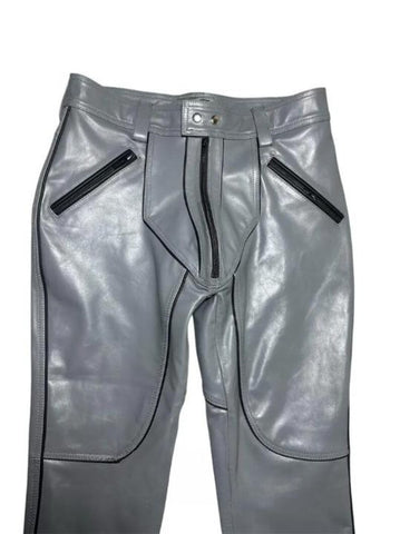 Futuristic Gray Leather Pants | High-Waisted Streetwear | Unique Zip Detailing | Cyberpunk Style Unisex Pants