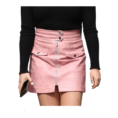 High-Waisted Leather Mini Skirt – Full Front Zipper with Flap Pockets, Matte Finish