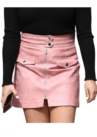 Croco Embossed Lambskin Leather Short Skirt – A-Line Fit, Front Zip, Faux Flap Detail