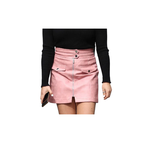 High-Waisted Leather Mini Skirt – Full Front Zipper with Flap Pockets, Matte Finish