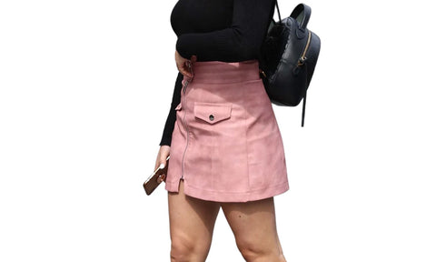 Croco Embossed Lambskin Leather Short Skirt – A-Line Fit, Front Zip, Faux Flap Detail