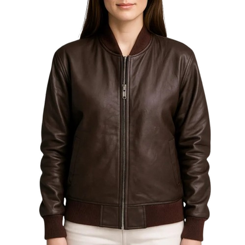 Women’s Genuine Leather Bomber Jacket | Real Leather Motorcycle Biker Jacket with Ribbed Collar & Cuffs