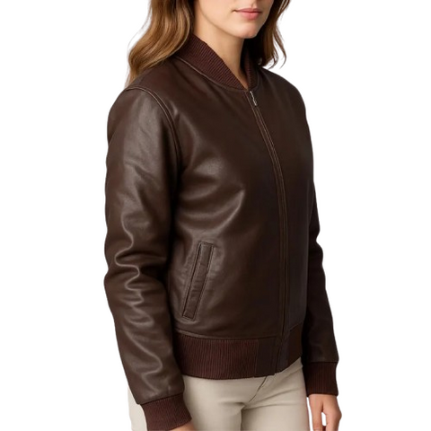 Women’s Genuine Leather Bomber Jacket | Real Leather Motorcycle Biker Jacket with Ribbed Collar & Cuffs