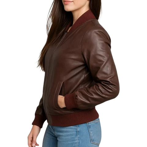 Women’s Genuine Leather Bomber Jacket | Real Leather Motorcycle Biker Jacket with Ribbed Collar & Cuffs