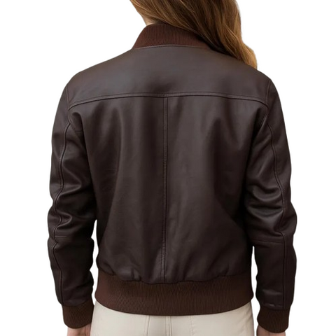Women’s Genuine Leather Bomber Jacket | Real Leather Motorcycle Biker Jacket with Ribbed Collar & Cuffs