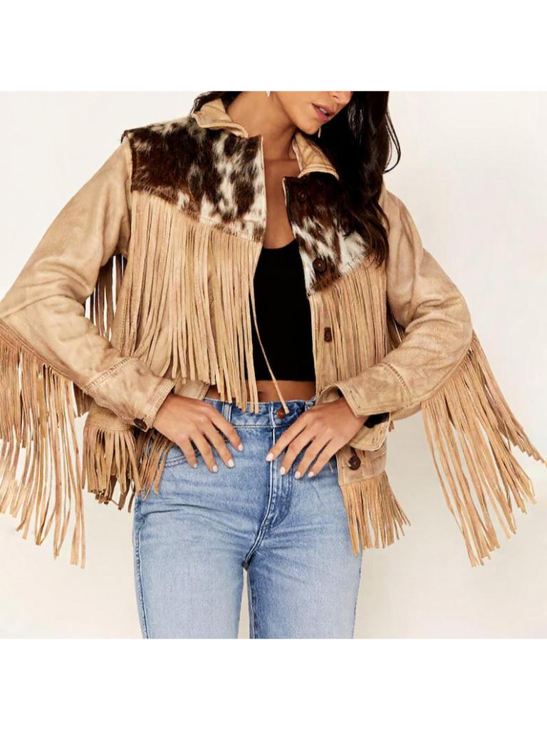 women’s Hairon Cowhide Leather Jacket – Western Style Brown & White Hide with Shirt Collar, Button Closure & Front Pockets