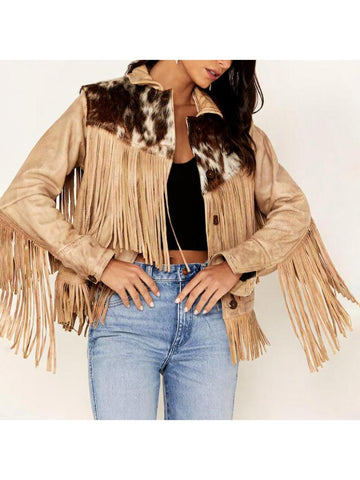 women’s Hairon Cowhide Leather Jacket – Western Style Brown & White Hide with Shirt Collar, Button Closure & Front Pockets