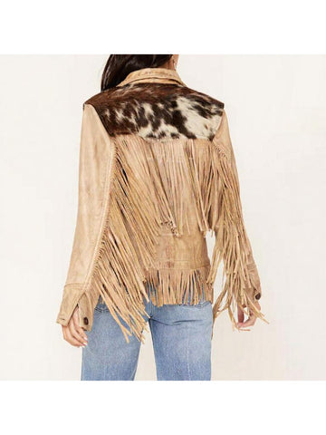 women’s Hairon Cowhide Leather Jacket – Western Style Brown & White Hide with Shirt Collar, Button Closure & Front Pockets