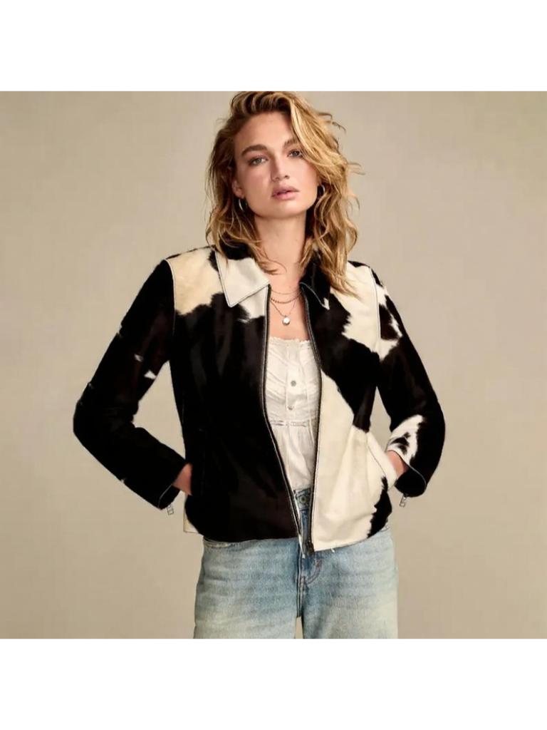 Women’s Genuine Cowhide Leather Jacket | Black & White Natural Hair-On Cow Skin Coat | Handmade Animal Print Outerwear | Western Style