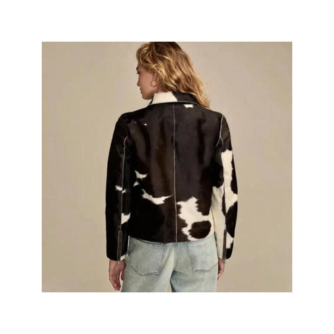 Women’s Genuine Cowhide Leather Jacket | Black & White Natural Hair-On Cow Skin Coat | Handmade Animal Print Outerwear | Western Style