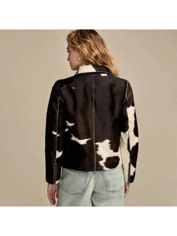 Women’s Genuine Cowhide Leather Jacket | Black & White Natural Hair-On Cow Skin Coat | Handmade Animal Print Outerwear | Western Style