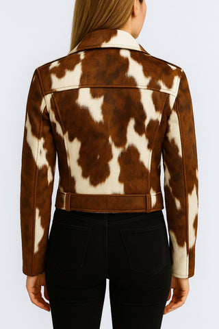Trendy Cow Print Leather Jacket for Women – Faux Cowhide Moto Biker Style with Belted Waist, Zipper Pockets & Retro Western Streetwear