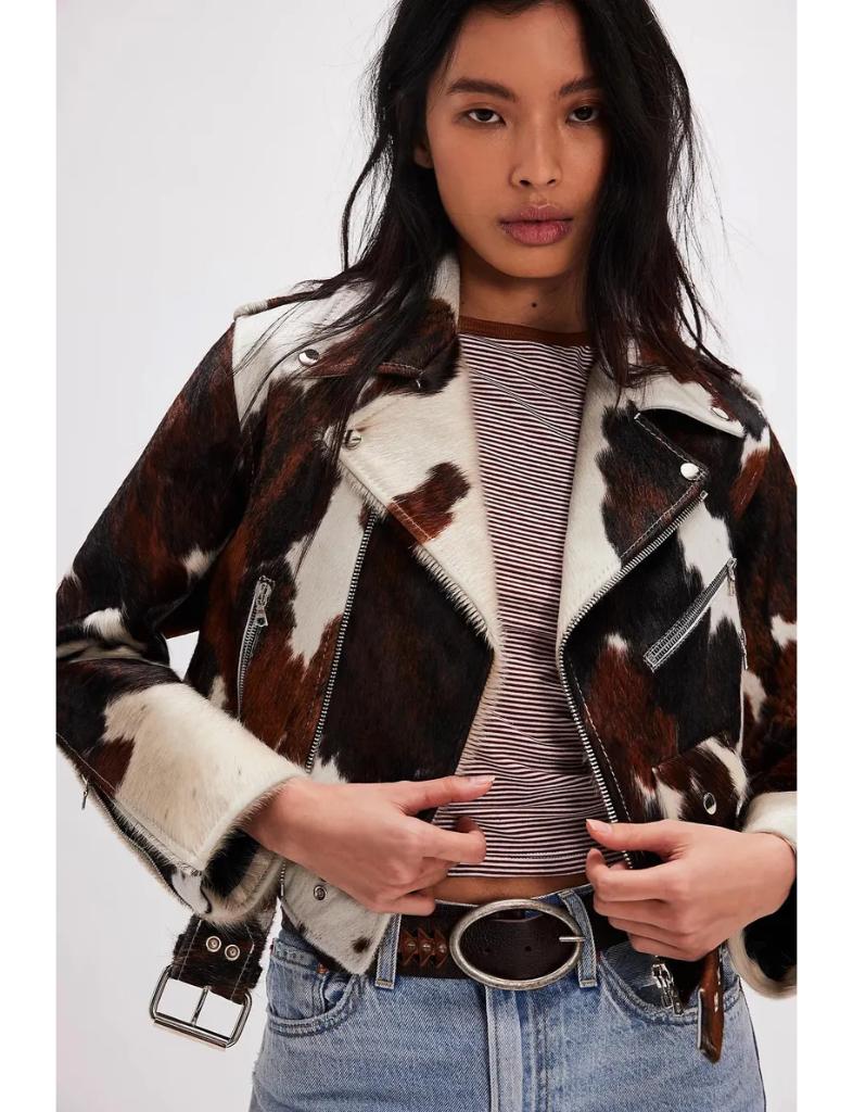 Women’s Genuine Cowhide Leather Jacket – Handmade Western Style, Durable Outerwear with Unique Hair-On Hide Pattern