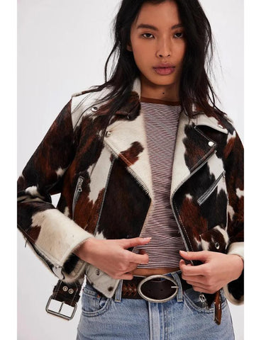 Women’s Genuine Cowhide Leather Jacket – Handmade Western Style, Durable Outerwear with Unique Hair-On Hide Pattern