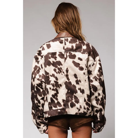 Women's Oversized Real Cowhide Leather Jacket – Handmade Vintage Western Brown Hair-On Cow Print Cow skin Coat – Cowgirl Outerwear