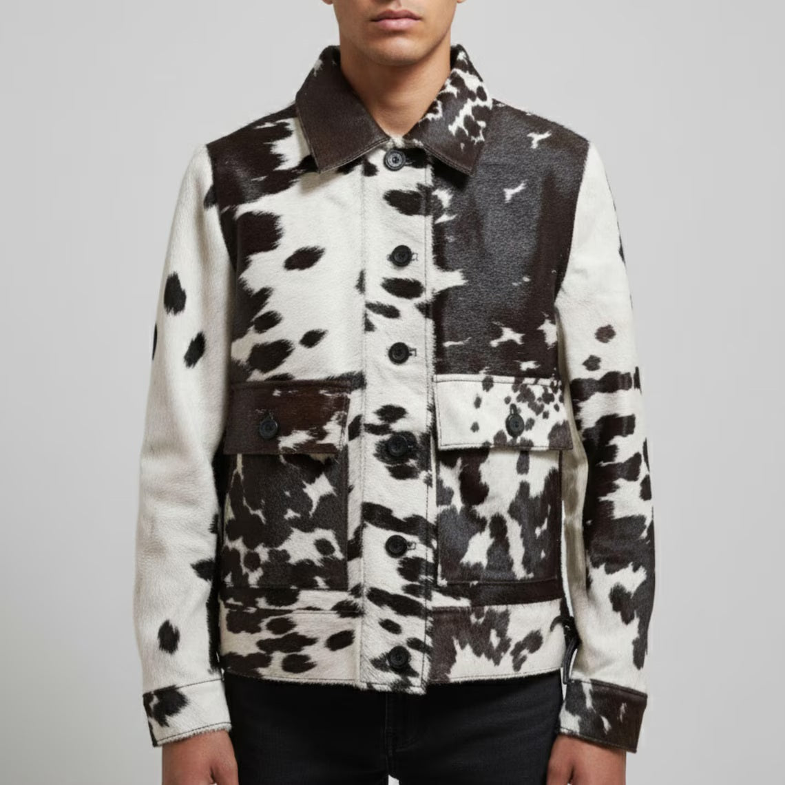 Men's Real Cowhide Hair-On Jacket – Black & White Western Cowboy Leather Coat – Handmade Cow Print Outerwear