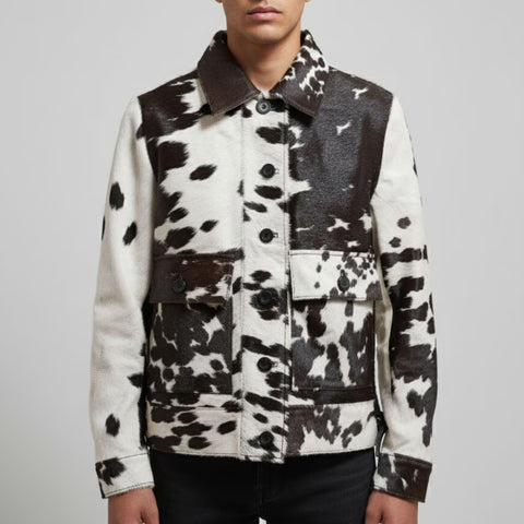 Men's Real Cowhide Hair-On Jacket – Black & White Western Cowboy Leather Coat – Handmade Cow Print Outerwear