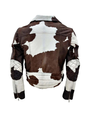 Women’s Genuine Cowhide Leather Jacket – Handmade Western Style, Durable Outerwear with Unique Hair-On Hide Pattern
