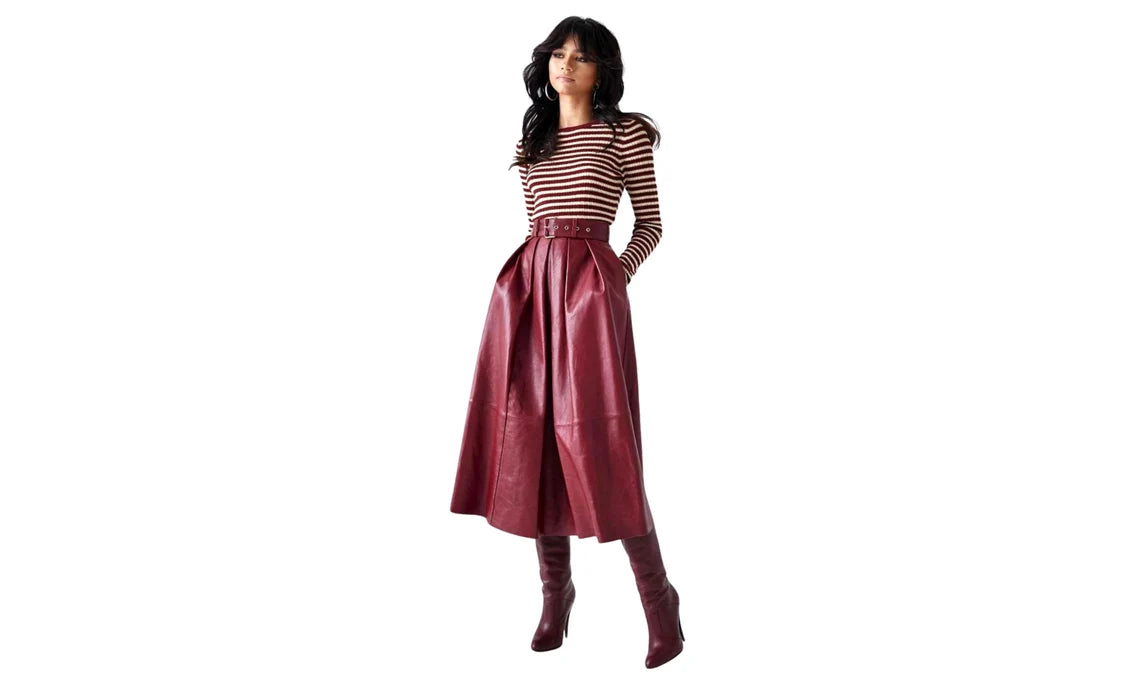 Women's A-Line Leather Skirt with Belt – Custom Made, 100% Genuine Lambskin, Below Knee