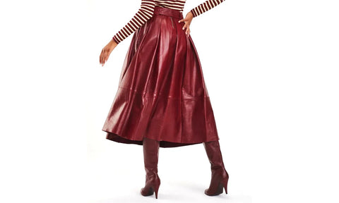 Women's A-Line Leather Skirt with Belt – Custom Made, 100% Genuine Lambskin, Below Knee
