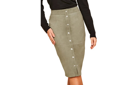Gray Suede Leather Pencil Skirt – Mid-Calf Length, Front Buttons, Fully Lined