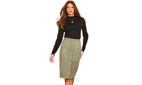 Gray Suede Leather Pencil Skirt – Mid-Calf Length, Front Buttons, Fully Lined