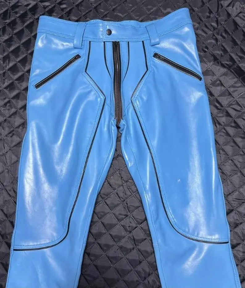 Men’s Real Cowhide Leather Biker Pants – Blue Motorcycle Trousers with Black Piping – Soft Genuine Leather Riding Pants