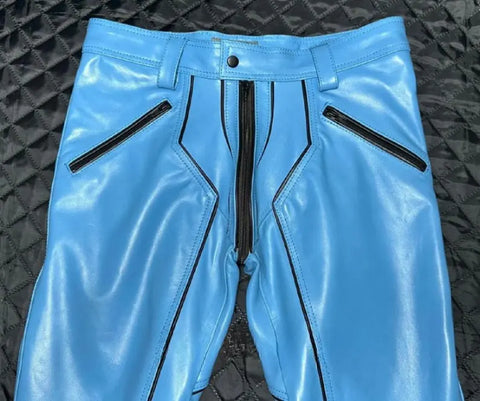 Men’s Real Cowhide Leather Biker Pants – Blue Motorcycle Trousers with Black Piping – Soft Genuine Leather Riding Pants