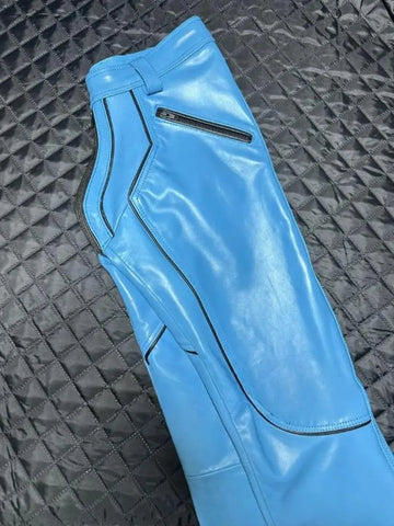 Men’s Real Cowhide Leather Biker Pants – Blue Motorcycle Trousers with Black Piping – Soft Genuine Leather Riding Pants