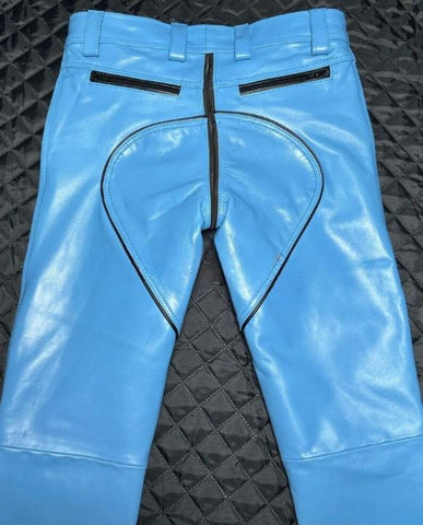 Men’s Real Cowhide Leather Biker Pants – Blue Motorcycle Trousers with Black Piping – Soft Genuine Leather Riding Pants