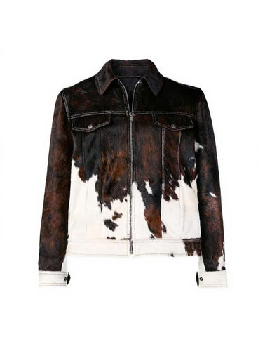 Women’s Hairon Cowhide Leather Jacket – Western Brown & White Hide Coat with Shirt Collar, Button Closure & Front Pockets